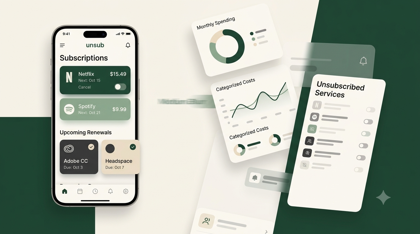 unsub app showing a subscription list, monthly spending breakdown, and unsubscribed services